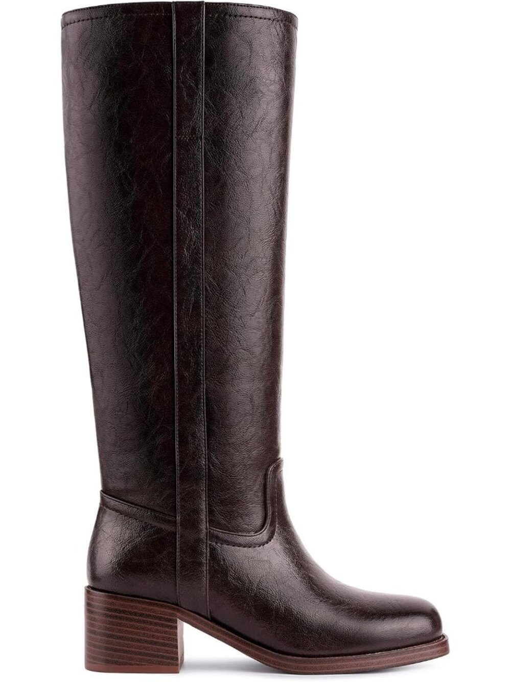 Women's Dark Brown Square Toe Chunky Block Heel Wide Calf Riding Knee High Boot